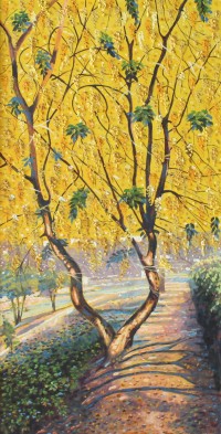 Ghulam Mustafa, Amaltas Tree, 24 x 48 Inch, Oil on Canvas, Landscape Painting, AC-GLM-017
